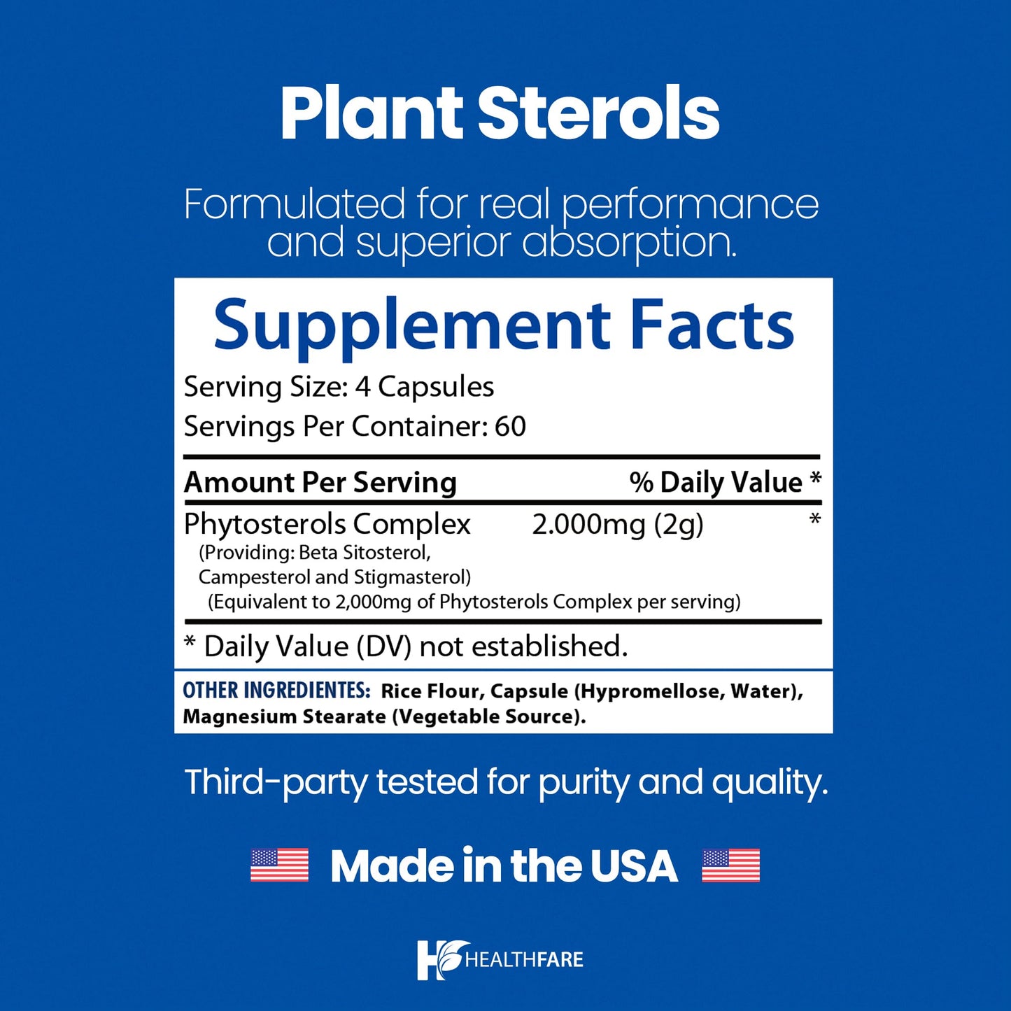 Healthfare Plant Sterols Capsules 2000mg | 240 Vegan Capsules | Beta Sitosterol & Phytosterol Complex | Plant-Based Supplement | Non-GMO & Gluten-Free | Made in the USA HealthfareBuy Supplements Australia