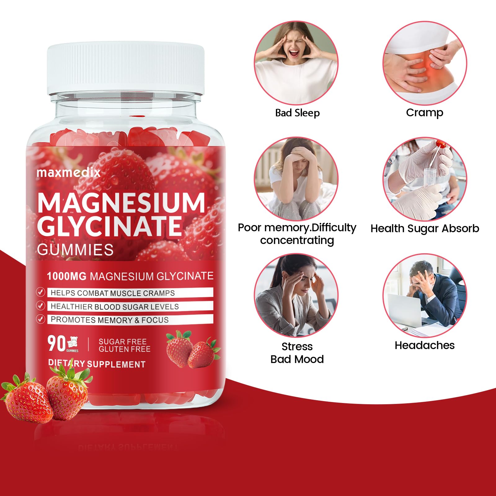 Magnesium Glycinate Gummies 1000mg, Sugar Free Magnesium Potassium Supplements Chewable for Adults with L-Threonate for Sleep, Body Support and Relaxation,90 Strawberry Gummies maxmedixBuy Supplements Australia