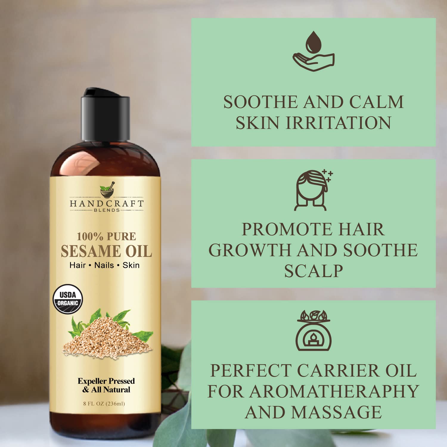 Handcraft Blends Organic Sesame Oil for Skin and Hair 8 oz - 100% Pure and Natural - Premium Handcraft BlendsBuy Supplements Australia