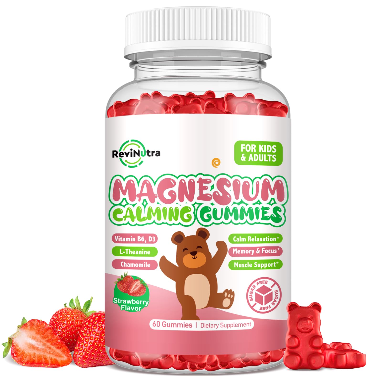 Magnesium Gummies for Kids - Magnesium Glycinate Gummies Supplement with L-Theanine, Vitamin B6, D3 for Kids & Adults Sleep, Calm, Relaxation, Brain, Bones, Sugar Free Strawberry 60ct ReviNutraBuy Supplements Australia