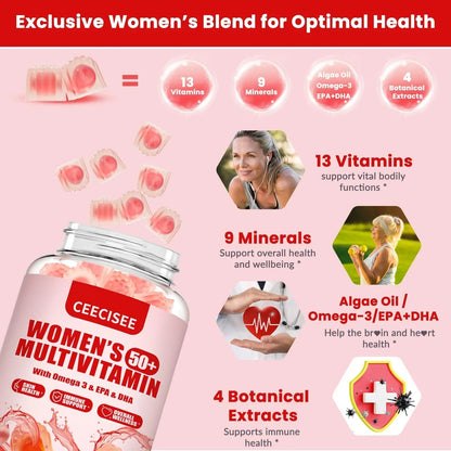Ceecisee Vitamin Gummies for 50+ Women: Organic Vegan Multivitamin with Iron Omega3 B12 D3 Biotin Zinc Ashwagandha for Hair Skin Health Energy Immune Suppor Ceecisee