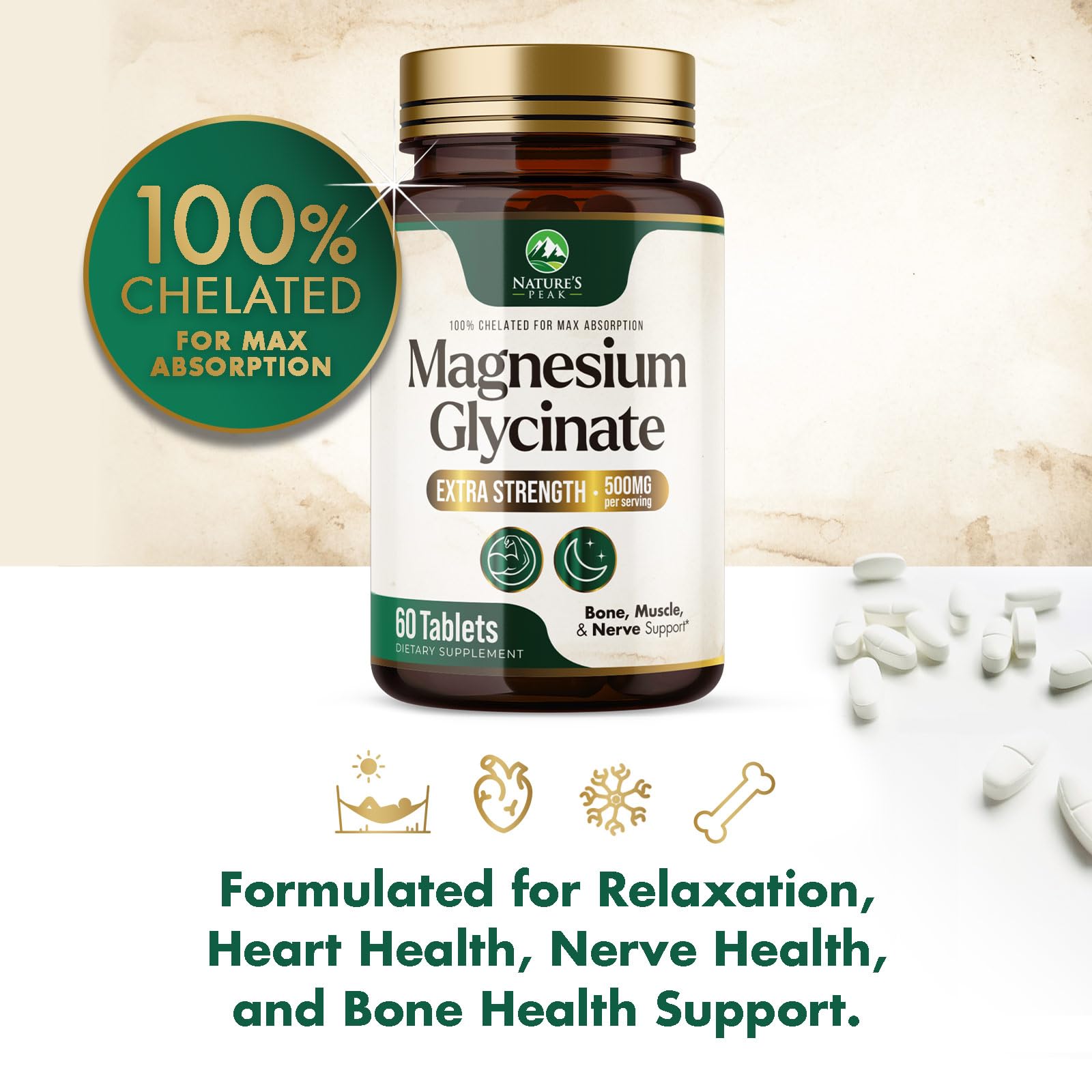 Magnesium Glycinate 500mg Per Serving - High Absorption Chelated Magnesium Supplement for Muscle, Bone and Heart Health Support - Easy Digestion & Gentle on Your Stomach - USA Bottled - 60 Tablets Nature's PeakBuy Supplements Australia