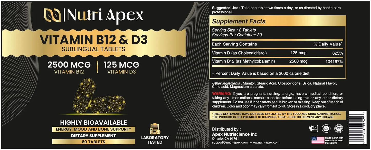 Nutri Apex Vitamin B12 & D3 Sublingual Tablets - 2500 mcg B12 & 125 mcg (5000 IU) D3 - Highly Bioavailable for Energy, Mood & Bone Health - Lab-Tested Nutri ApexBuy Supplements Australia