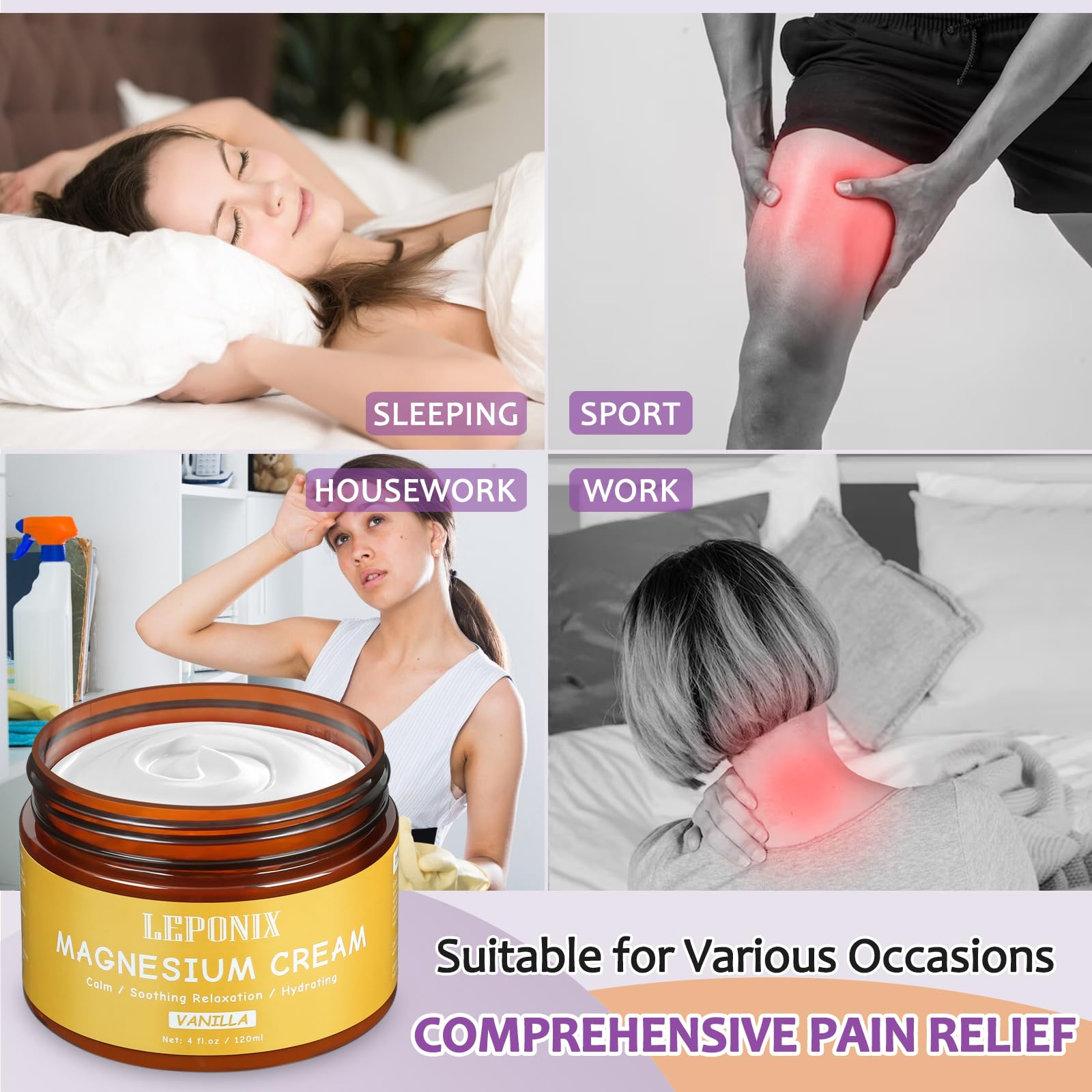 Magnesium Cream for Sleep & Muscle Recovery - Soothing Topical Magnesium Lotion for Leg Cramps, Joint Comfort, Pain Relief - Relaxing Magnesium Body Butter for Men Women Kids (120ml, Vanilla) LEPONIXBuy Supplements Australia