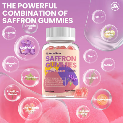 Saffron Gummies for Kids Adults 88.5mg, 15-in-1 Saffron Supplements for Kids, with B6, B12, C, D3, Magnesium Glycinate, Zinc for Nerve, Rest, Focus, Sugar Free, Vegan, Non- GMO, Peach Flavor, 60 Count Aube'AzurBuy Supplements Australia