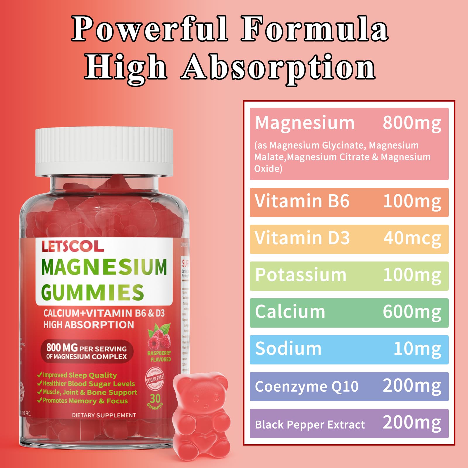 LETSCOL Magnesium Glycinate Gummies 800mg Per Serving, Sugar Free Magnesium Supplement with Magnesium Malate, Calcium, Vitamin D3, B6, CoQ10 for Calm Support & Zzz for Adults Kids LETSCOLBuy Supplements Australia