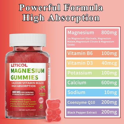 LETSCOL Magnesium Glycinate Gummies 800mg Per Serving, Sugar Free Magnesium Supplement with Magnesium Malate, Calcium, Vitamin D3, B6, CoQ10 for Calm Support & Zzz for Adults Kids LETSCOLBuy Supplements Australia