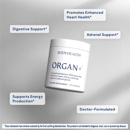 BodyHealth Organ+ Grass-Fed Glandular Organ Complex, Grassfed Beef Organ Supplement, Dessicated Beef Liver, Heart, Kidney, Pancreas, Spleen, Non GMO, Adrenal, Supplement, (150 Capsules) BodyHealthBuy Supplements Australia