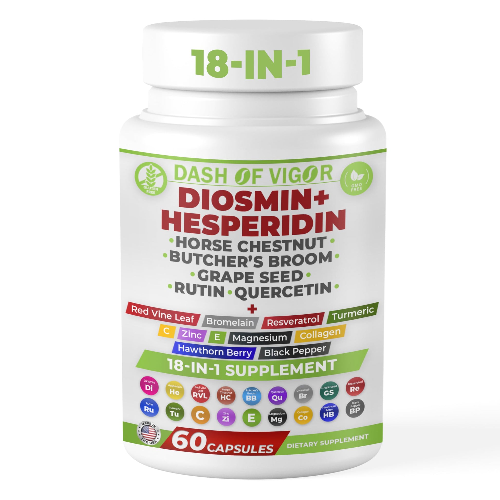 Dash of Vigor 18-in-1 Diosmin Hesperidin Supplement, Quercetin with Bromelain, Zinc, Vitamin C with Rutin Supplement, Horse Chestnut Extract, Butcher's Broom Extract, USA, 60 Capsules DASH OF VIGOR DOFVBuy Supplements Australia