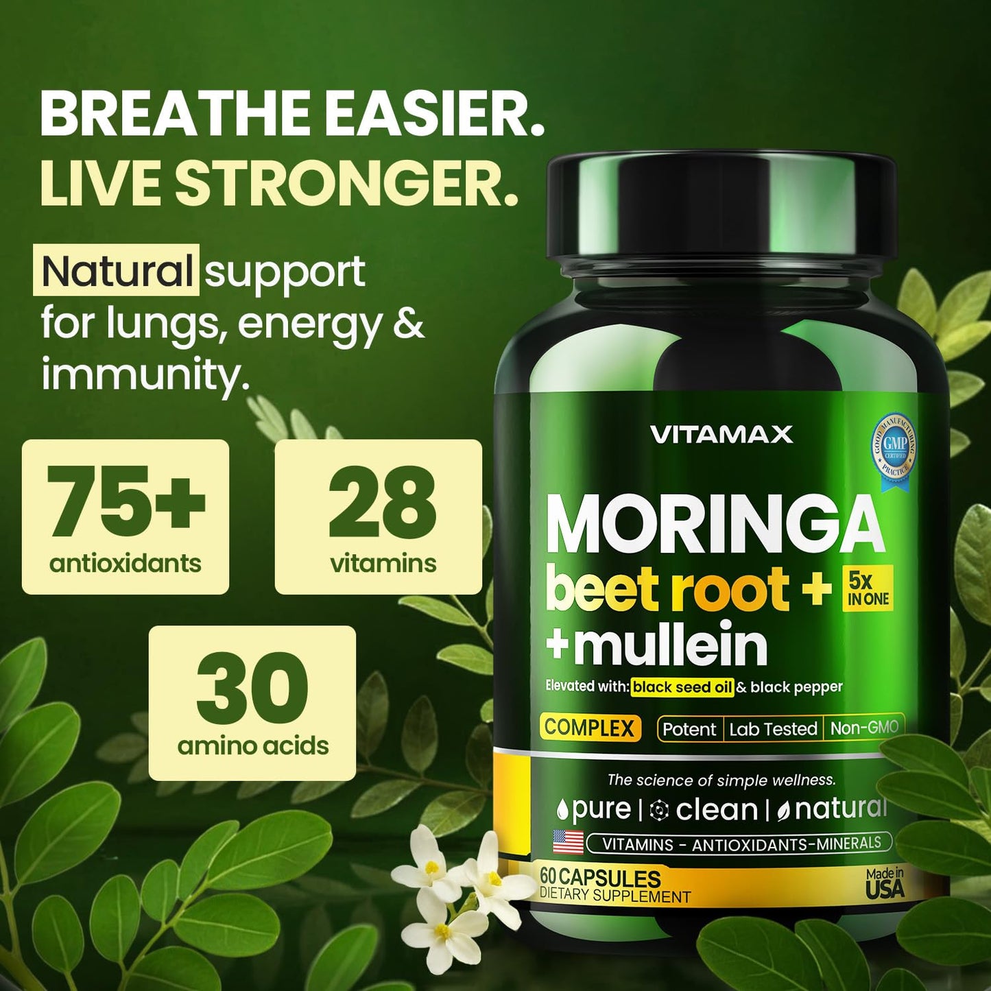 Moringa Capsules, Beet Root, Mullein Leaf - Energy, Skin, Immune Supplement Superfood, Rich in Antioxidants, Minerals & Essential Vitamins - High Absorption Non-GMO - Made in USA - 60ct VitamaxBuy Supplements Australia