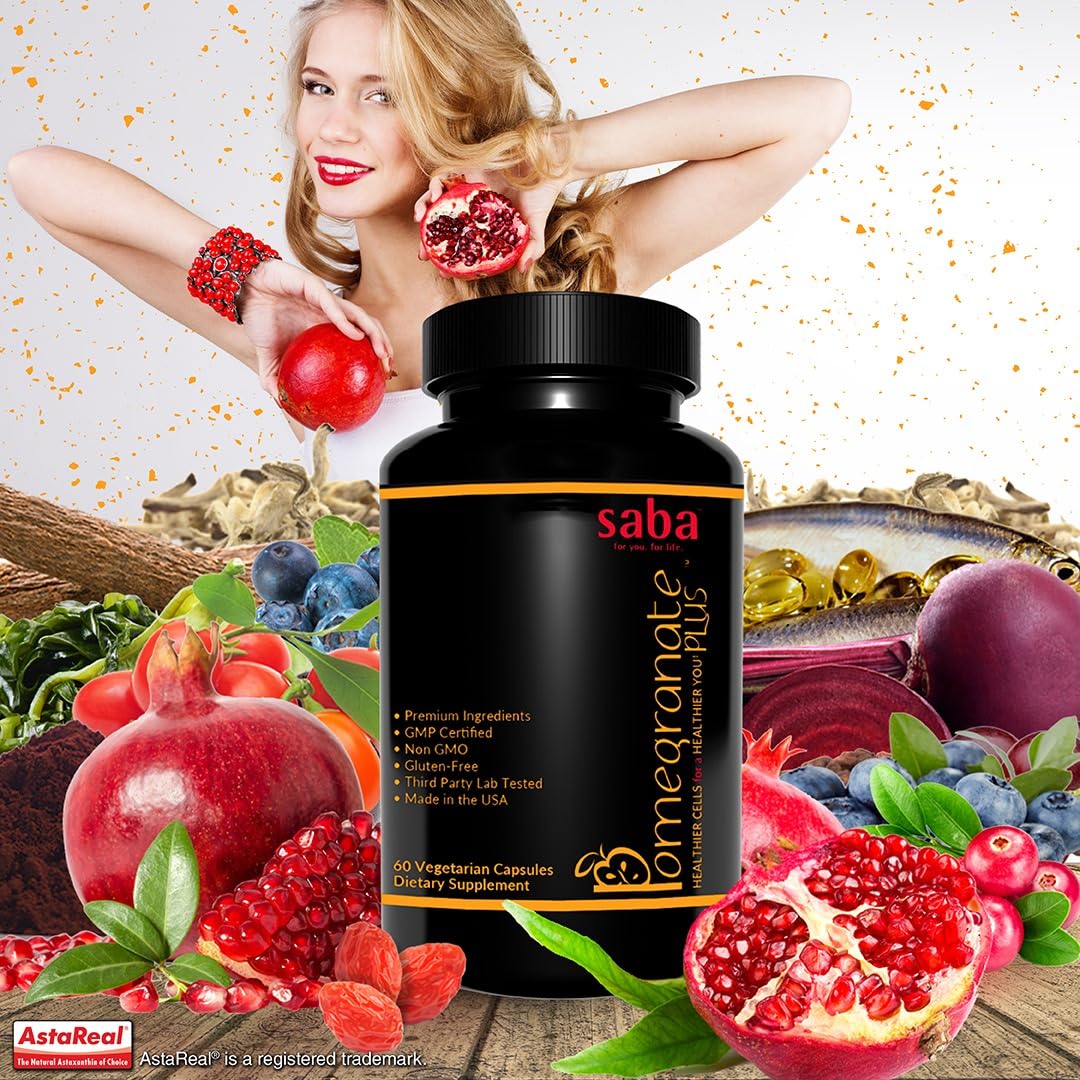 Saba Pomegranate Plus – Antioxidant Supplement with Astaxanthin & Adaptogens | Immune, Skin, Heart & Brain Support | Daily Stress & Cellular Wellness | 60 Capsules SabaBuy Supplements Australia
