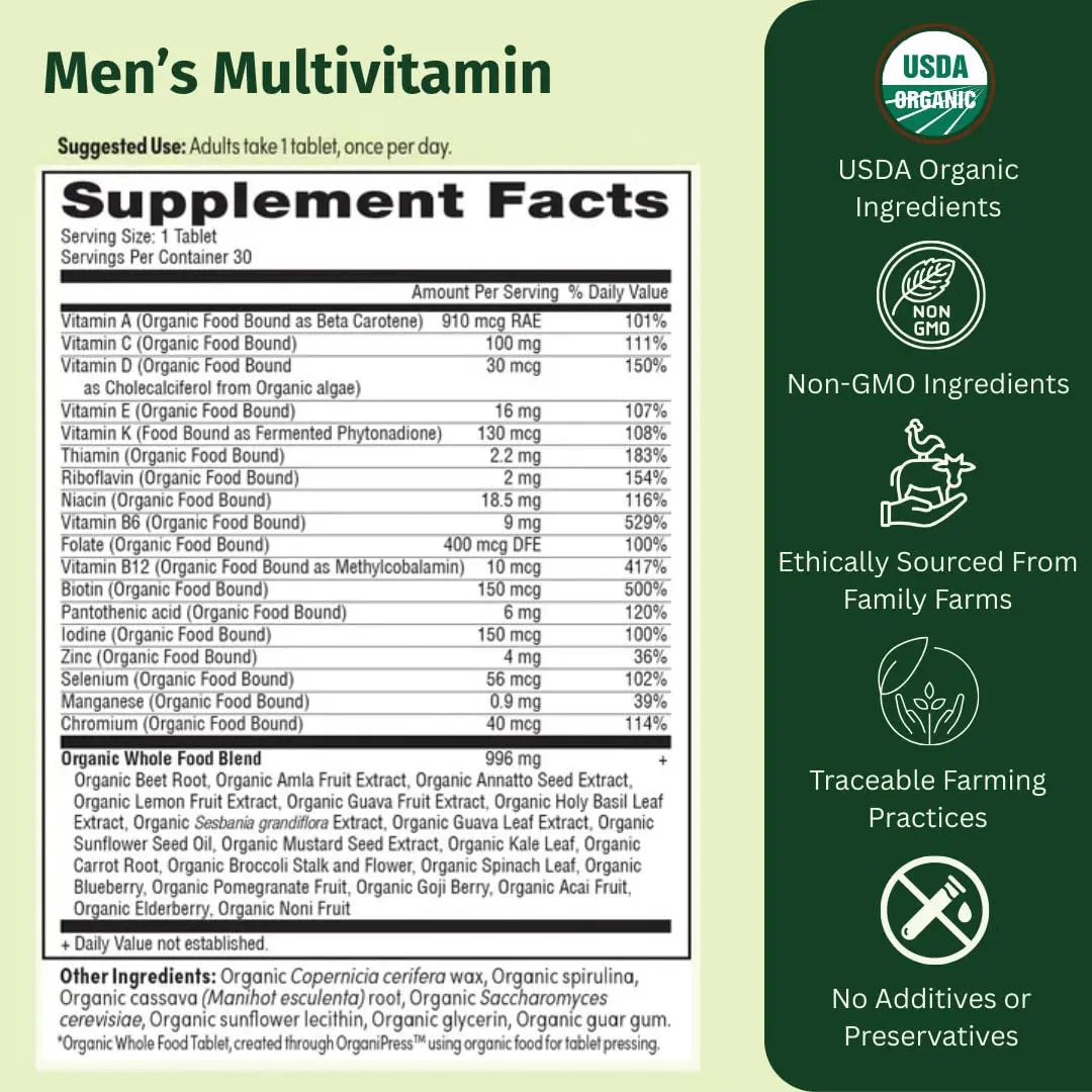 EarthFirst Organic Men’s Multi Once Daily, Whole-Food Multivitamin with 19 Vitamins & Minerals for Energy, Heart, Bone Strength EarthFirst OrganicBuy Supplements Australia
