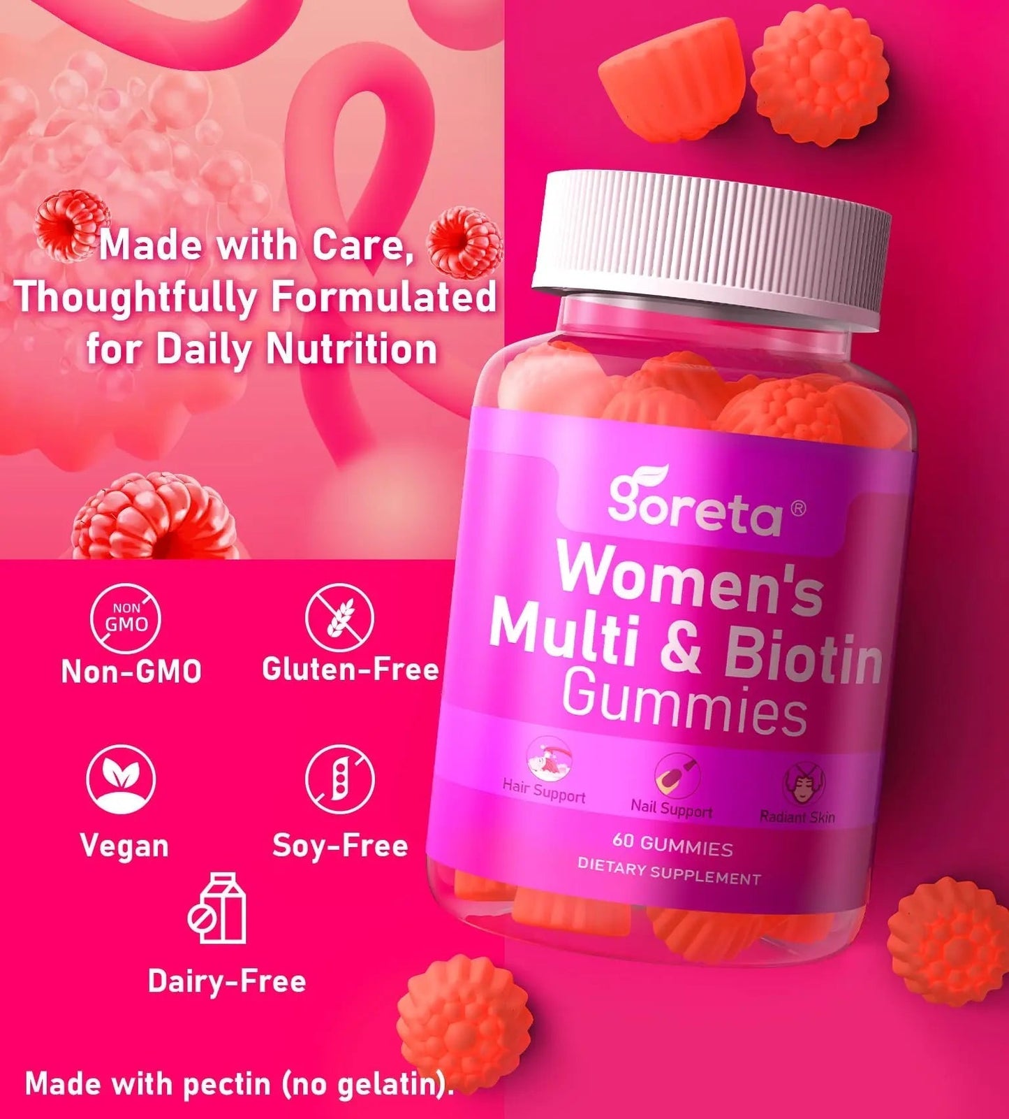 Goreta Women’s Multivitamin Gummies with Biotin 2,500 mcg – 15 Key Nutrients, Sugar-Free Mixed Berry, Pectin-Based, 60 Count GoretaBuy Supplements Australia