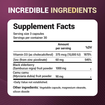 Dr. Berg Black Elderberry Capsules (Advanced Immune Support*) with 15,000 IU Vitamin D, 60 mg of Zinc, & 90 mg of Camu Camu - (4-in-1) Sambucus Elderberry Immune Support Supplement - 90 Capsules Dr. Berg NutritionalsBuy Supplements Australia