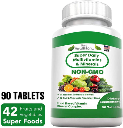 Pure Heathland Non-GMO Super Daily Multivitamin for Adults – 42 Natural Fruits & Vegetables Blend with 21 Essential Vitamins & Minerals – Vegan Coating Tablets, 90 Count, Made in USA Pure HealthlandBuy Supplements Australia