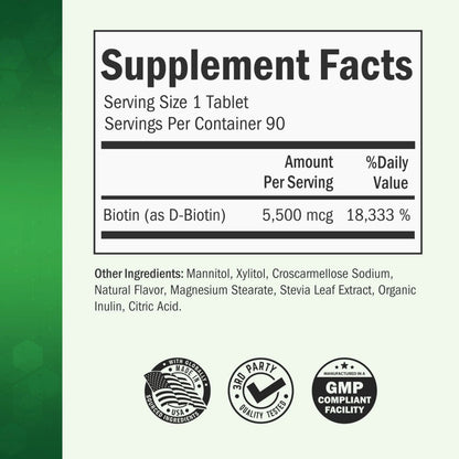 BioSchwartz Bariatric Biotin Chewable Tablets - 5500mcg Biotin per Serving - Green Apple Flavor, 3 Month Supply - Sugar-Free Hair Skin Nails Vitamins BioSchwartz