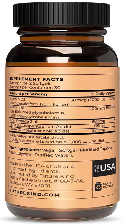 Future Kind Vegan Multivitamins - Glass Bottle & Made for Vegans with Omega 3 DHA, EPA, Vitamin B12 & D3 for Energy, Focus, & Mood (60 Softgels) Future KindBuy Supplements Australia