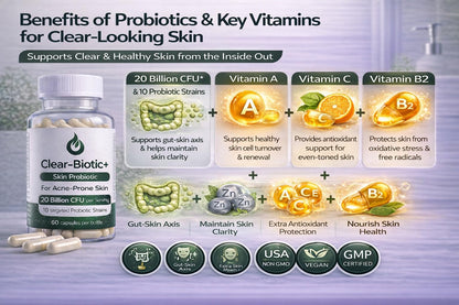 Acne Pills Probiotic Acne Supplements for Teens & Adults - Hormonal Acne Vitamins, Gut Health for Clear Skin, Non-GMO (60 Capsules) Gut Skin Axis Clear-BioticBuy Supplements Australia