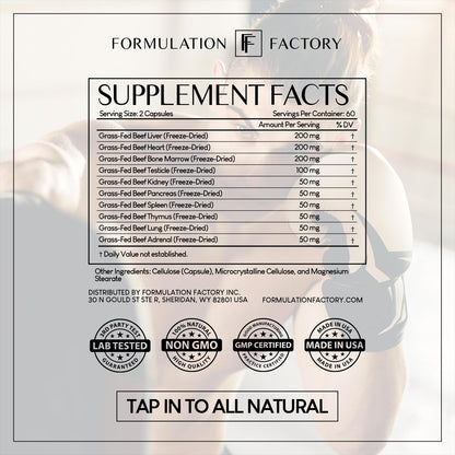 Formulation Factory Beef Liver Capsules - 10-in-1 Primal Powder Beef Organ Supplement for Men & Women with Bone Marrow & Beef Testicle - Grass Fed Ancestral Health - 120 Capsules, 2 Month Supply Formulation FactoryBuy Supplements Australia