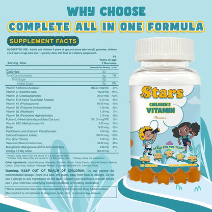Stars Kids Multivitamin Gummies with Omega 3, Vitamins for Kids with A, B, C, D, Plant Based Multi Vitamins for Children, Manganese Vitastars