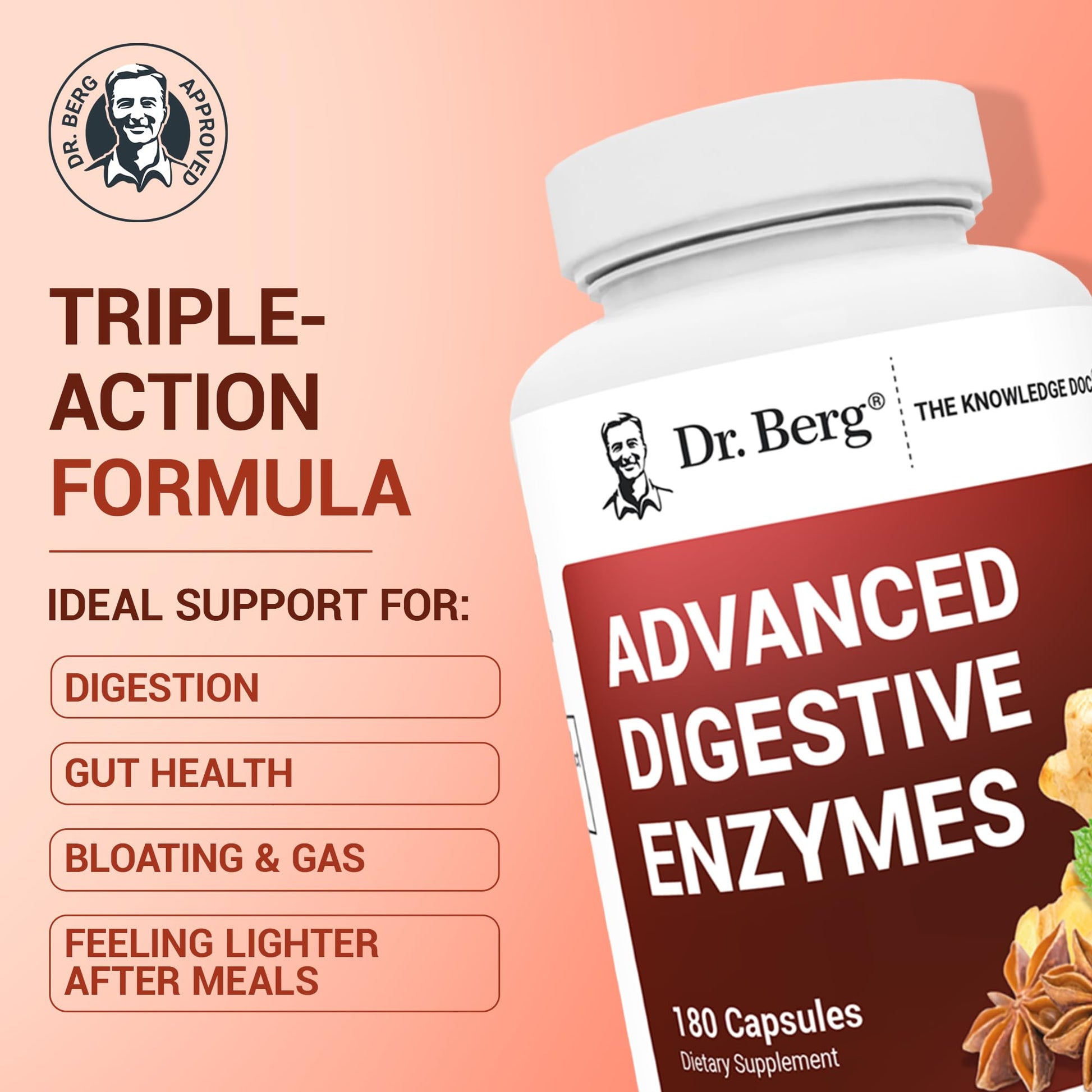 Dr. Berg Advanced Digestive Enzymes with Apple Cider Vinegar - Includes Digestive Health Ingredients Like Betaine Hydrochloride (HCI), Ginger Root & Peppermint Leaf - 180 Capsules Dr. Berg NutritionalsBuy Supplements Australia