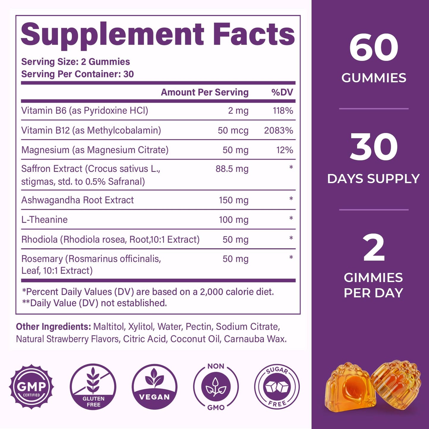 Saffron Supplements Gummies, 88.5mg Pure Saffron Extract with Ashwagandha L-Theanine Rhodiola Rosemary Magnesium Vitamin B6 B12 for Mood Focus Support Adults Kids - 60 Count VEGETUSMAXBuy Supplements Australia