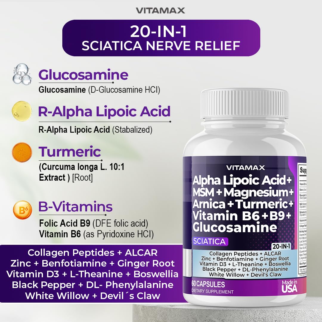 Sciatic Nerve Health Support - Sciatic Nerve Supplement Capsules with Folic Acid, Pea, Glucosamine, MSM, Vitamin B Complex, Alpha Lipoic Acid 300mg – 60ct – Made in USA VitamaxBuy Supplements Australia
