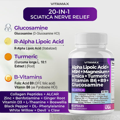 Sciatic Nerve Health Support - Sciatic Nerve Supplement Capsules with Folic Acid, Pea, Glucosamine, MSM, Vitamin B Complex, Alpha Lipoic Acid 300mg – 60ct – Made in USA VitamaxBuy Supplements Australia