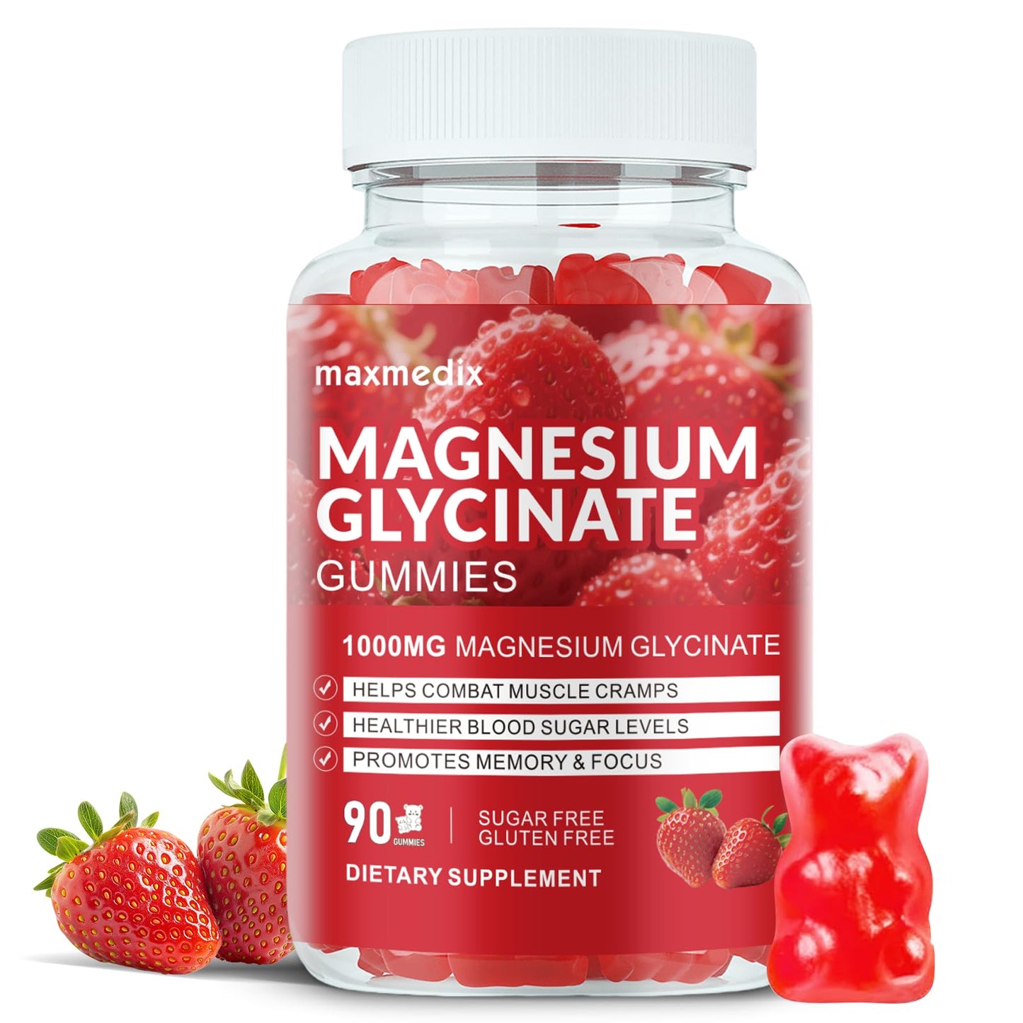 Magnesium Glycinate Gummies 1000mg, Sugar Free Magnesium Potassium Supplements Chewable for Adults with L-Threonate for Sleep, Body Support and Relaxation,90 Strawberry Gummies maxmedixBuy Supplements Australia