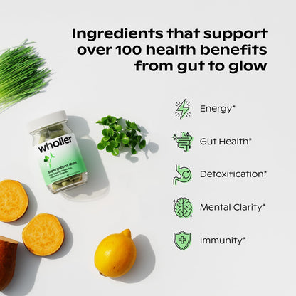 wholier Supergreens Multi, Daily Greens, Vegan Multivitamin for Women + Men, Whole Food Vitamins + Minerals, Prebiotics for Gut Health, Adaptogens (60 Vegan Capsules) Glass Bottle wholierBuy Supplements Australia
