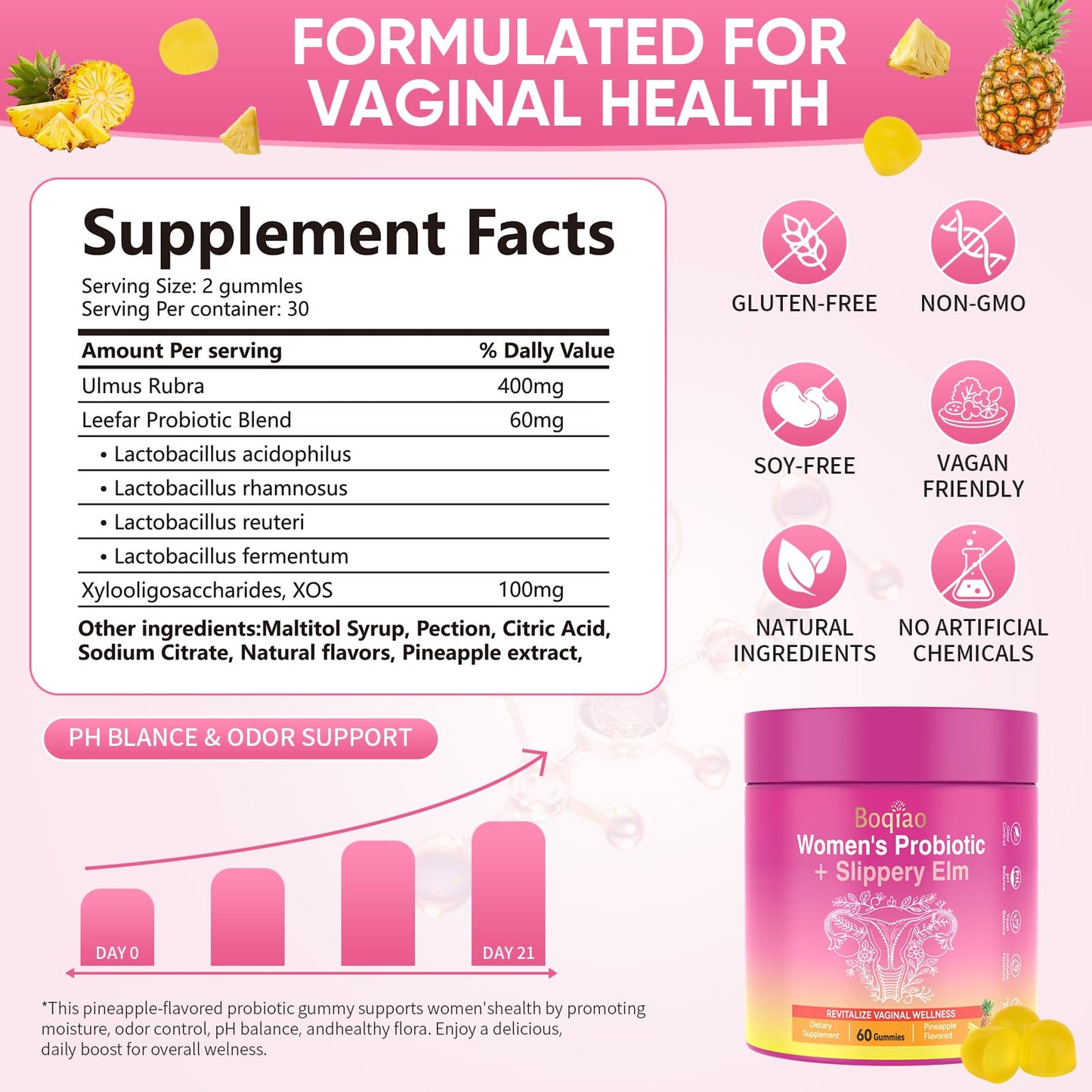 Feminine Probiotics Gummies with Slippery Elm - 60 Pineapple Gummies for Women ph Balance, Vaginal Probiotics Supports Flora, Gut Health & Immune System, Prebiotics & Lactobacillus Blend (Pineapple) BoqiaoBuy Supplements Australia