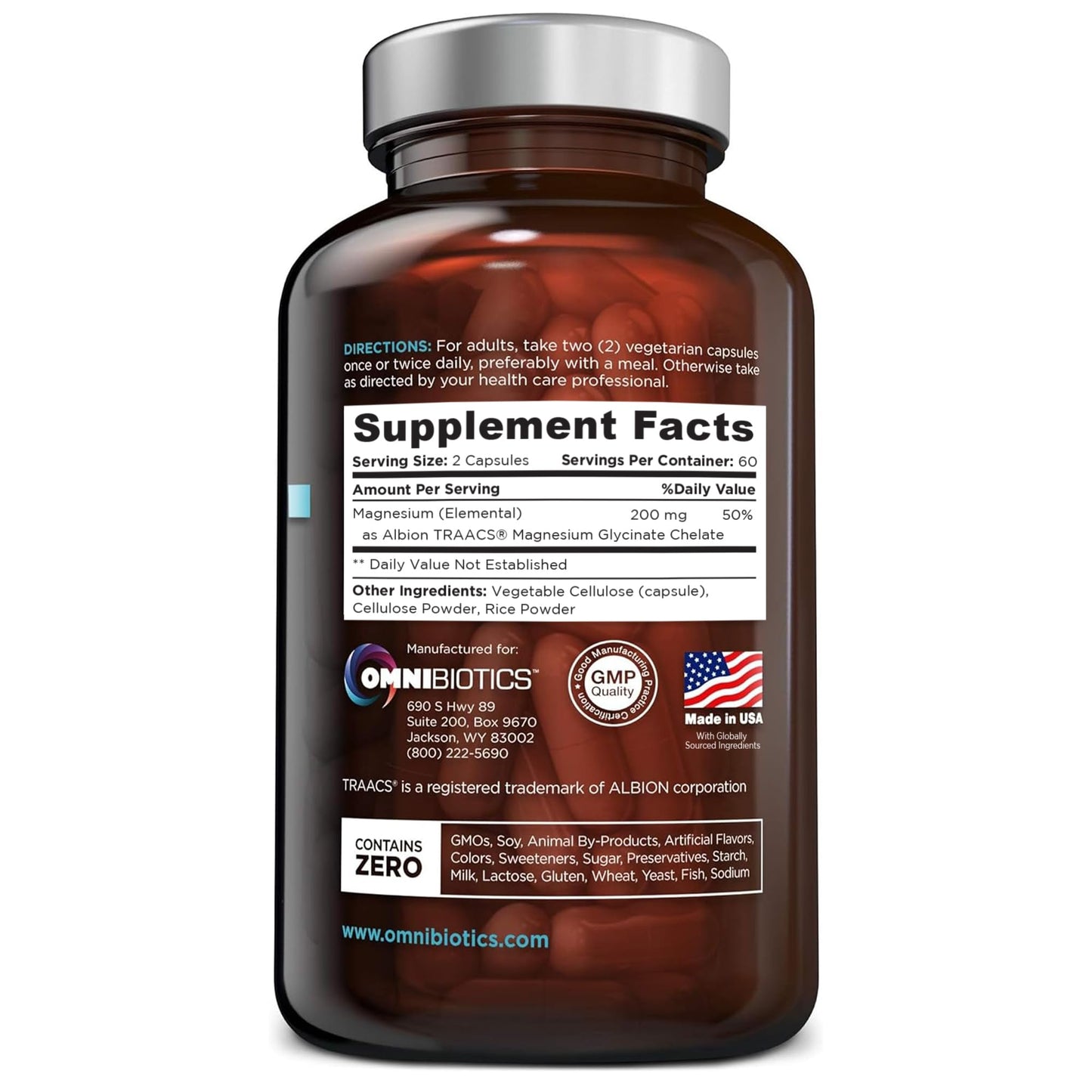 OmniBiotics Magnesium Glycinate Supplement – with 100% Pure Albion TRAACS Bisglycinate Chelate for Sleep, Muscle