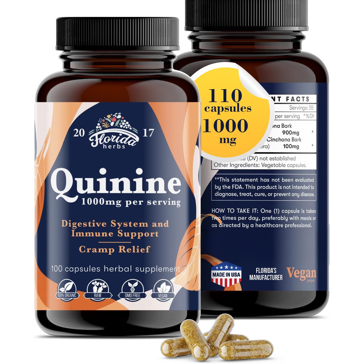 FLORIDA HERBS Quinine for Leg Cramps 1000 mg - 110 Capsules - Cinchona Bark Extract Supplement - Quinine Capsules - Vegan, Non - GMO FLORIDA HERBSBuy Supplements Australia