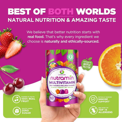 NUTRAMIN Daily Vegan Keto Multivitamin Gummies Non-GMO Natural Vitamin C D + Zinc for Immunity, Plant-Based, Sugar-Free, Nut-Free Nutracelle