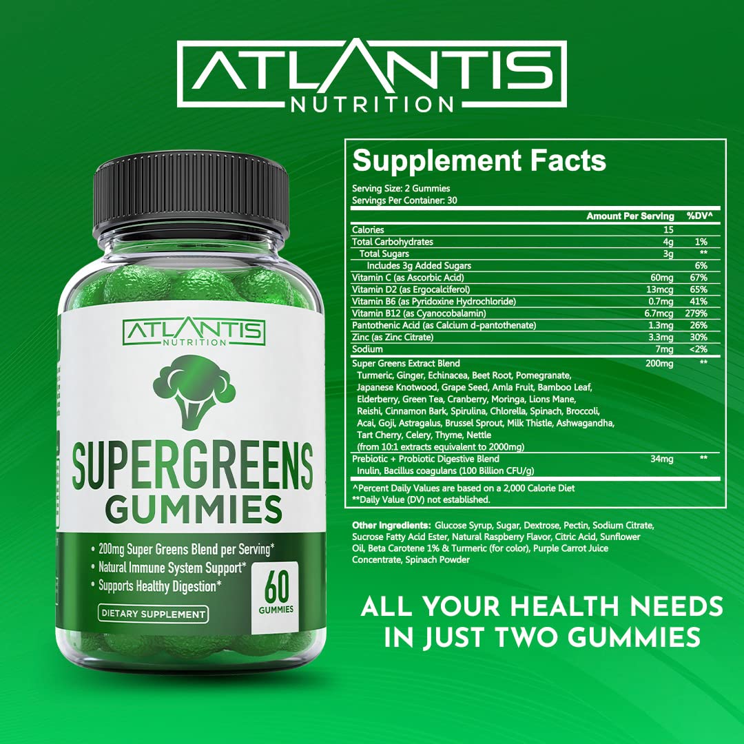 Atlantis Nutrition Supergreens Gummies - Daily Green Superfoods Supplement with Spinach, Broccoli, Moringa, Beet Root, Celery, Green Tea, & Acai for Immunity Support - Natural Raspberry Flavor, 60 cnt Atlantis NutritionBuy Supplements Australia