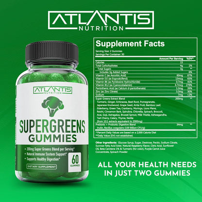 Atlantis Nutrition Supergreens Gummies - Daily Green Superfoods Supplement with Spinach, Broccoli, Moringa, Beet Root, Celery, Green Tea, & Acai for Immunity Support - Natural Raspberry Flavor, 60 cnt Atlantis NutritionBuy Supplements Australia