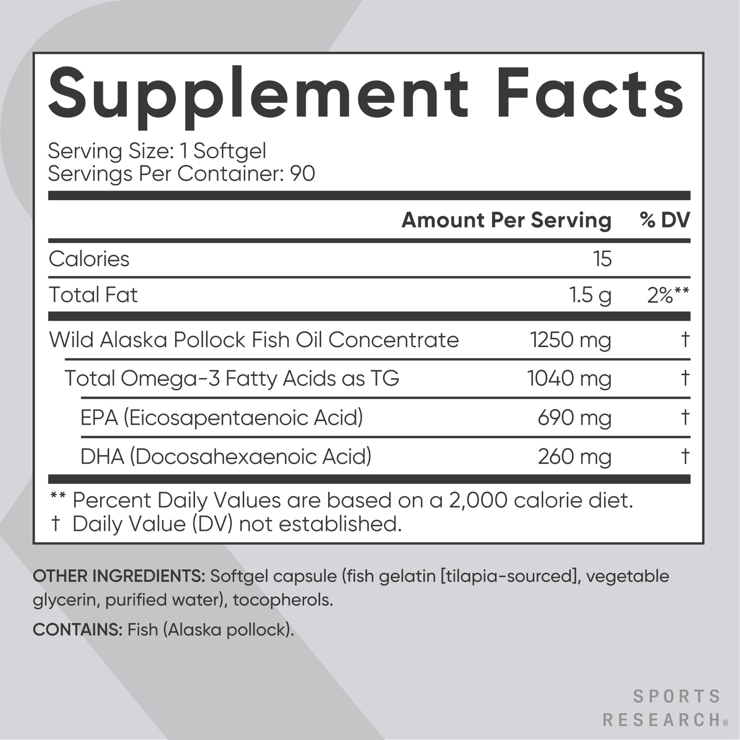 Sports Research® Omega-3 Fish Oil 1250 - Triple Strength Fish Oil Supplement from Wild Alaska Pollock - MSC Certified Sustainable
