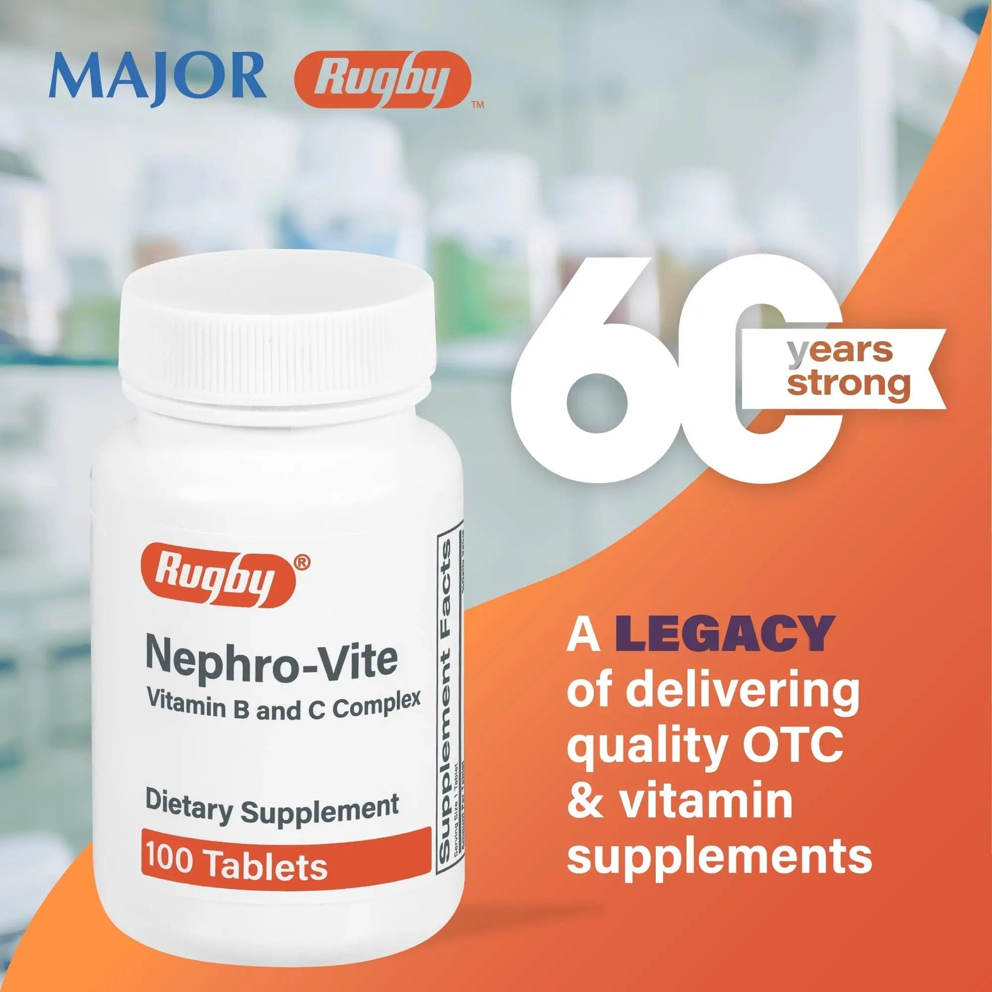 Rugby Nephro-Vite Vitamin B and C Complex Tablets - Dietary Supplement - 100 Count (1 Pack) RUGBY LABORATORIES