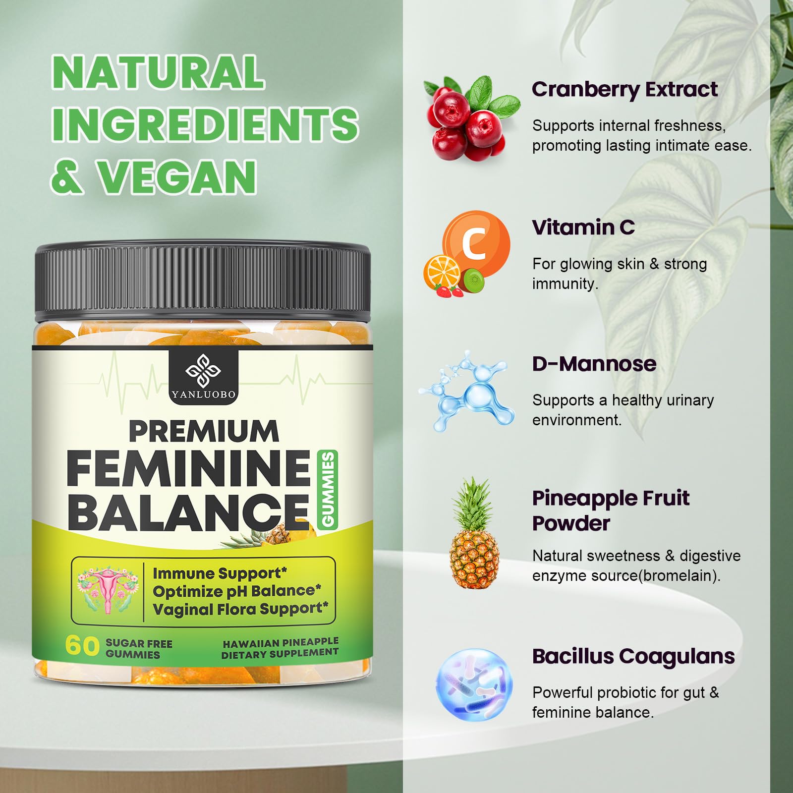 YANLUOBO Feminine Balance Probiotic Gummies - Women's Vaginal Health Support | PH Balance & Odor, Flora, Immune Support | Probiotics for Women, Vegan Pineapple Flavor, 60 Count YANLUOBOBuy Supplements Australia