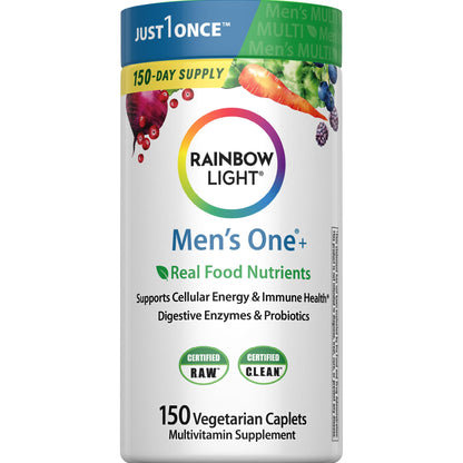 Rainbow Light Mens Multivitamin One + | 150 Caplets | Supports Cellular Energy & Immune Health | with Vitamins C, D, and Zinc | Real Food Nutrients