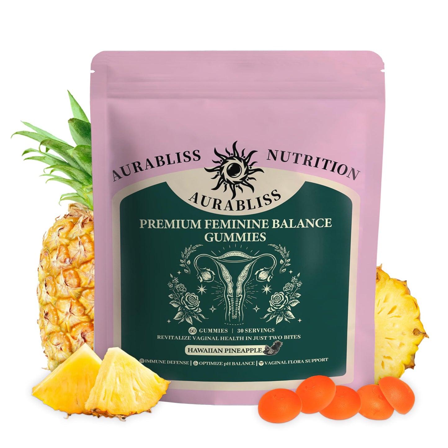 Premium Feminine Balance Gummies for Women - Hawaiian Pineapple Gummies for Women PH Balance Wellness, Immune Support, Vegan Daily Supplement for Odor and Flora Health , 60 Counts - 30 Servings AurablissBuy Supplements Australia