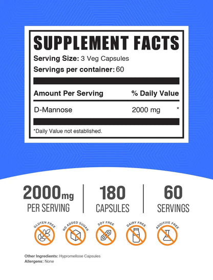 BulkSupplements.com D-Mannose Capsules - D-Mannose Supplement, for Urinary Tract Support - Vegan & Gluten Free, 3 Capsules per Serving (2000mg), 180 Count (Pack of 1) BulkSupplementsBuy Supplements Australia