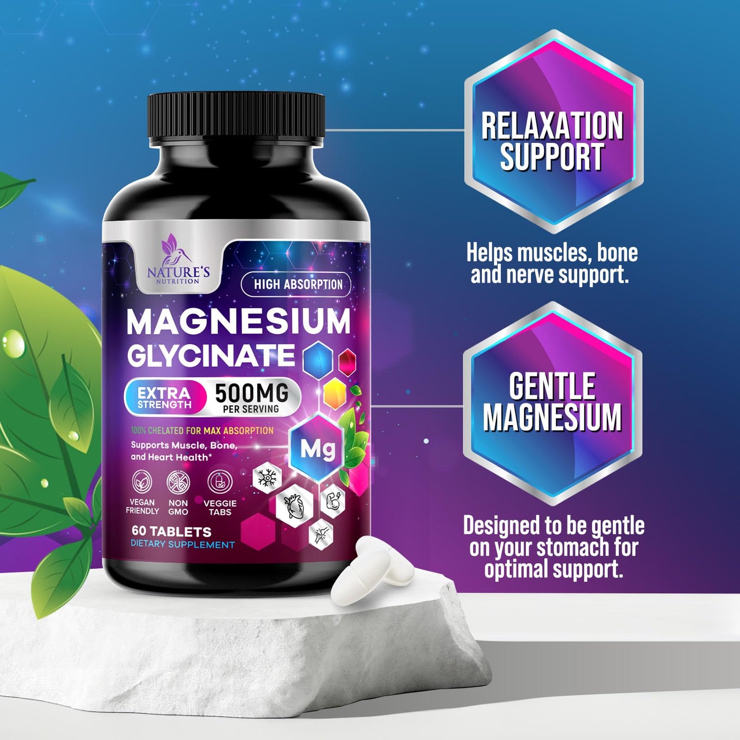 Magnesium Glycinate Supplement - 500mg Magnesium Per Serving - 100% Chelated & Purified - Supports Sleep, Heart Health, & Muscle Strength - Best Absorption Magnesium, Bottled in USA - 60 Tablets Nature's NutritionBuy Supplements Australia
