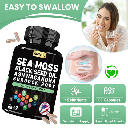 Sea Moss Black Seed Oil Ashwagandha Bladderwrack Burdock Root Turmeric & Vitamin C D3 Elderberry ACV Black Pepper - Multimineral Supplement - 60 Count GrevolBuy Supplements Australia