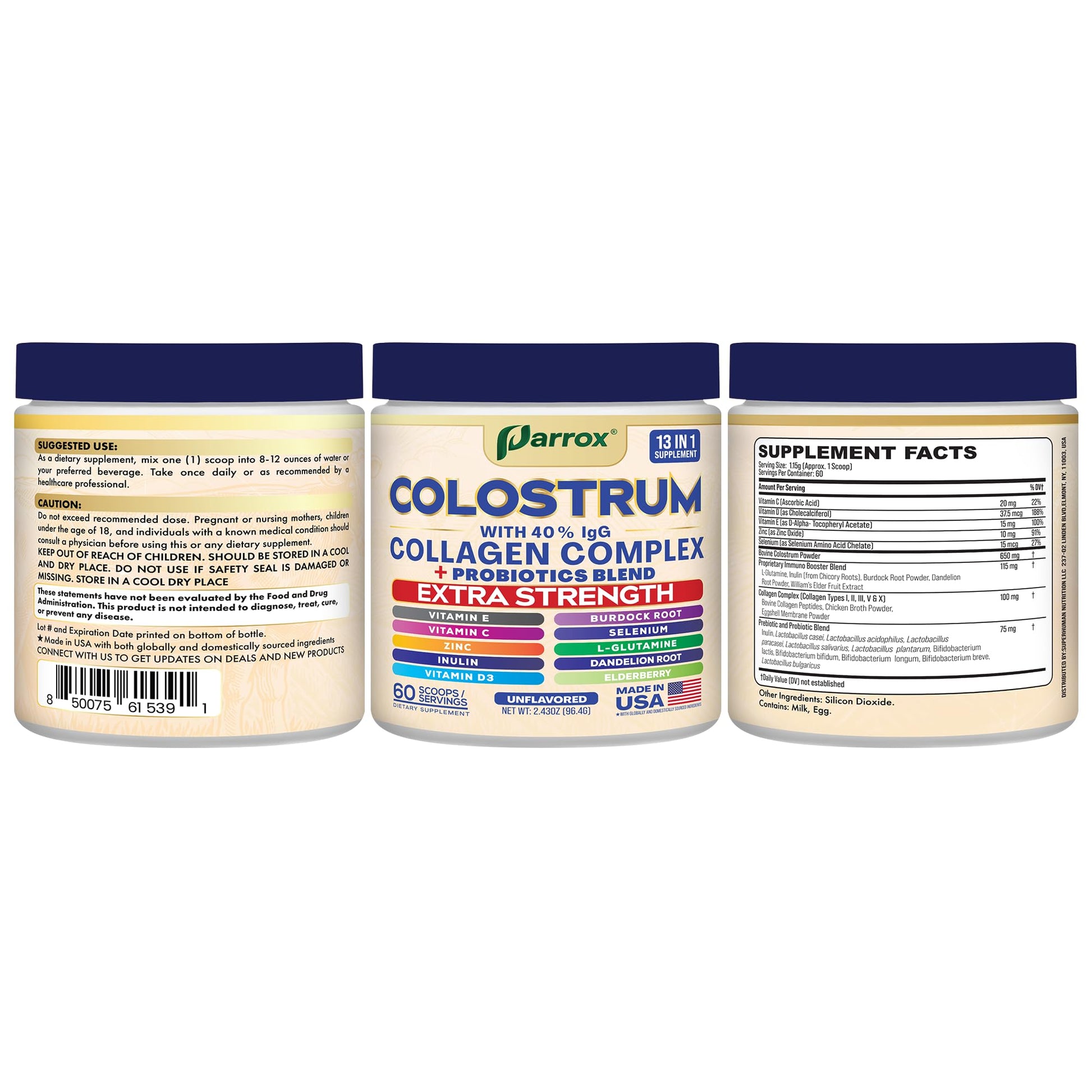 Parrox Colostrum Powder with 40% IgG, Collagen, Probiotics, Burdock Root, L-Glutamine, Elderberry, Vitamin C, Vitamin E, Vitamin D3, Inulin, Selenium, Dandelion Root, Zinc, 60 Servings (Unflavored) ParroxBuy Supplements Australia