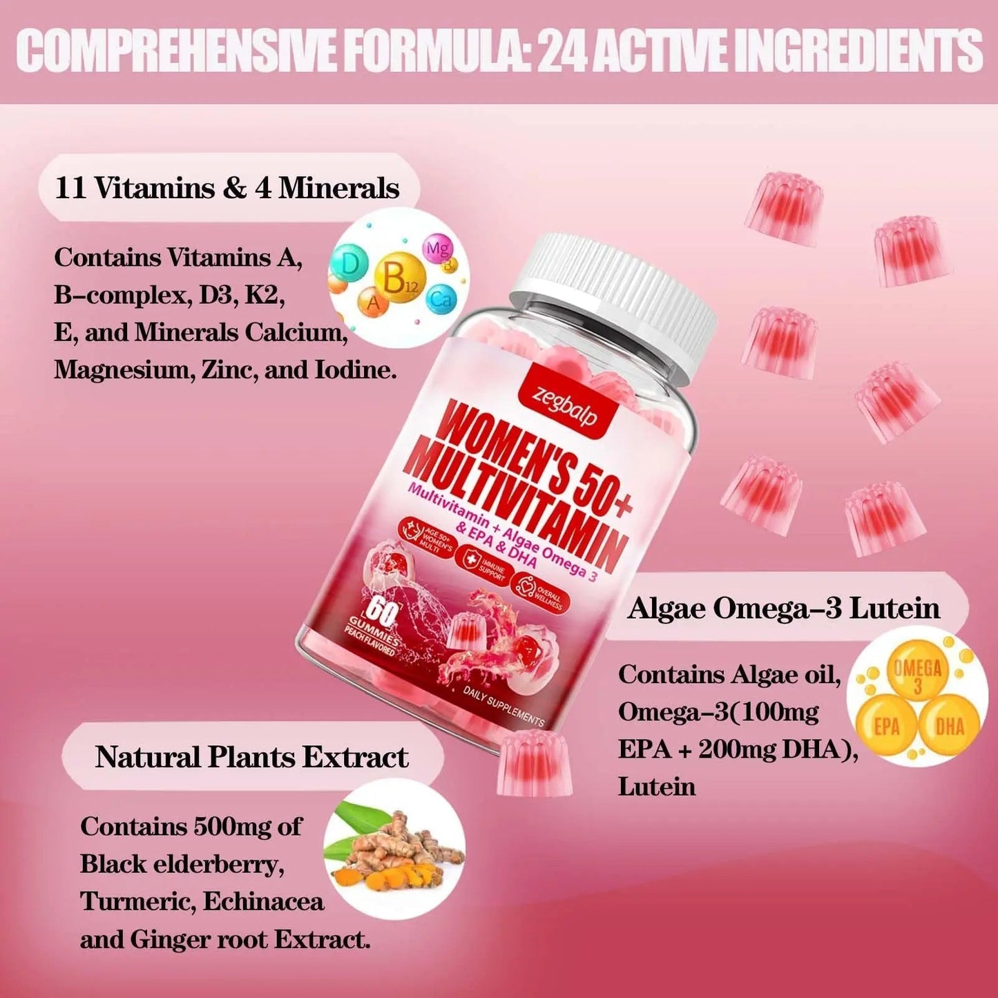 ZEGBALP Sugar-Free Womens Multivitamin 50 Plus Gummies with Calcium, Magnesium, Zinc, Vitamin A, C, D3, E, K2, B Complex, Folate, Biotin ZEGBALP