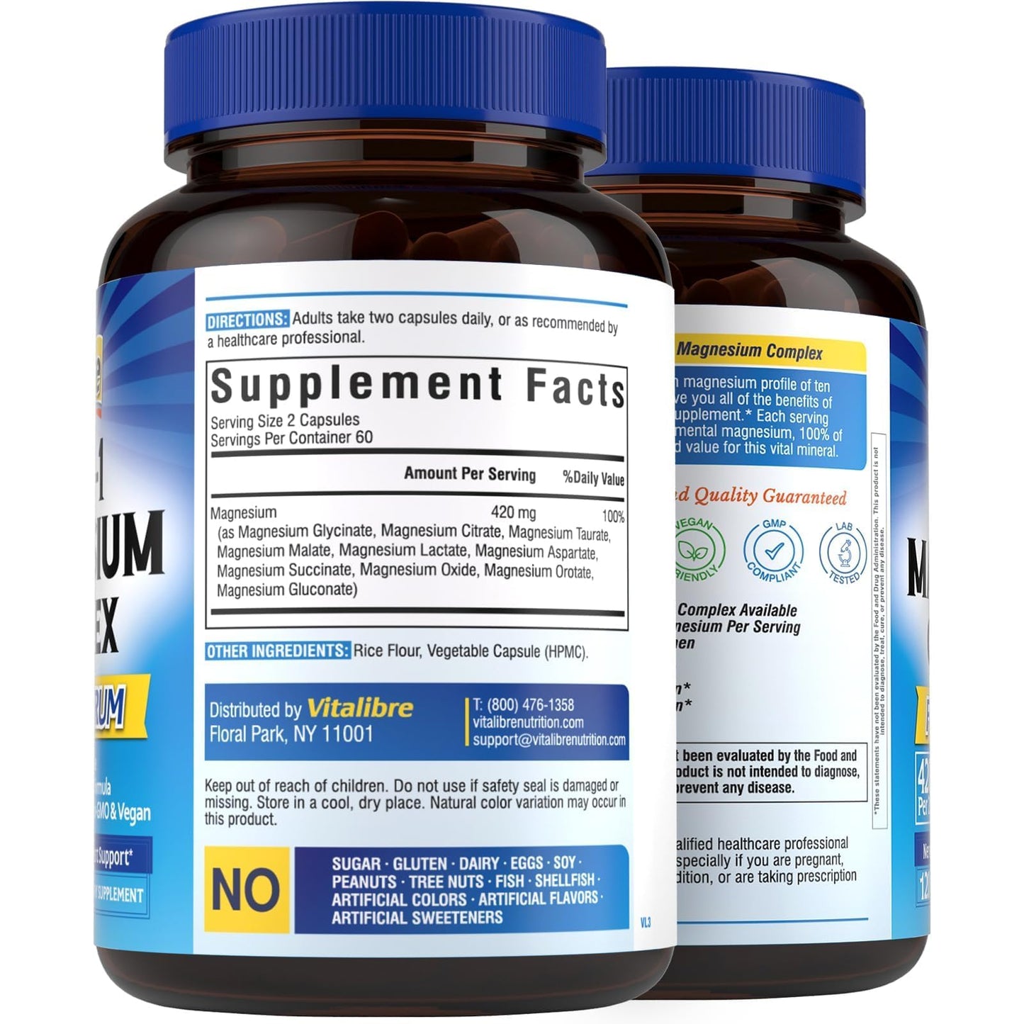 Vitalibre 10 in 1 Magnesium Complex, 420mg Elemental Magnesium | Ultra Strength, Max Absorption | Chelated Magnesium Supplement for Nerves, Bone & Heart Health