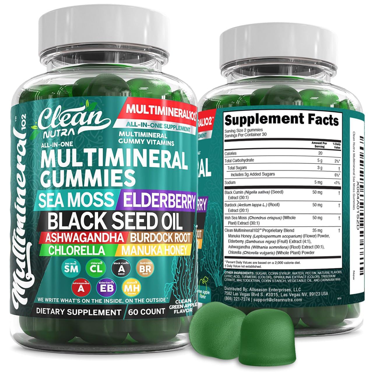 Sea Moss Gummies | Clinically Tested - Black Seed Oil Ashwagandha Elderberry Burdock Root Chlorella Manuka Honey - Vegan Irish Sea Moss Gummy Vitamins