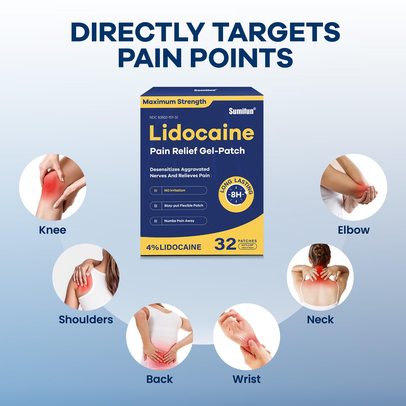 Sumifun 4% Lidocaine Patches Maximum Strength- Pain Relieving Gel Patch for Back, Shoulder, Muscle, Knee Pain Relief,Neck & Joint Pains-Numbs Away Pain, Apply for Up to 8 Hours (Large, Count, 32) SumifunBuy Supplements Australia