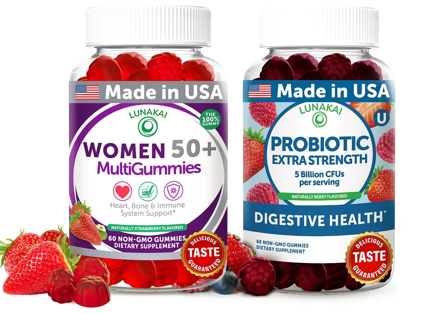 Lunakai USA Made Women 50+ Multivitamin & Probiotic Gummies Bundle – Immune & Digestive Support – 60 Non-GMO Gummies Each LunakaiBuy Supplements Australia